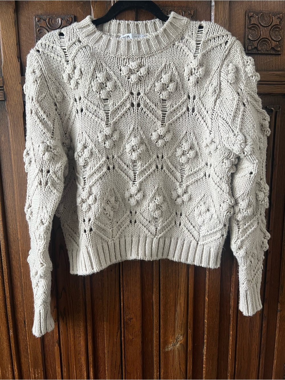 Zara CABLE KNIT SWEATER WITH POMPOMS in Sand - Size M